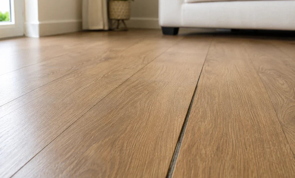 Close-up view of a gap between laminate flooring planks in a modern home interior, showing common laminate flooring separation issues.