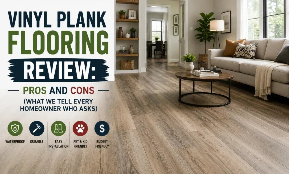 Modern living room with wood-look vinyl plank flooring for a vinyl plank flooring pros and cons review 