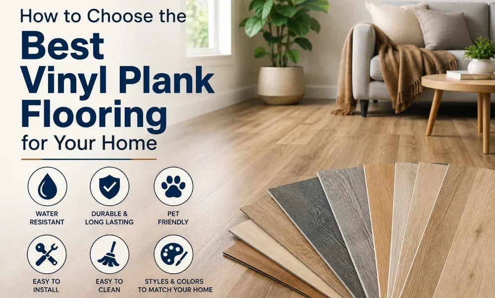 Choosing the best vinyl plank flooring for your home with flooring samples in a modern living room.