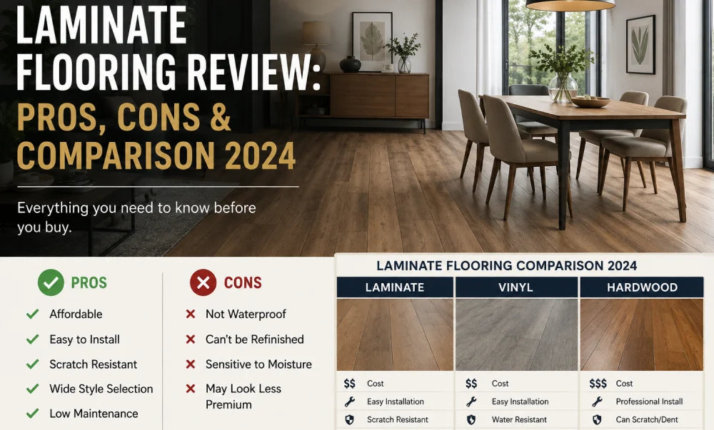 Professional laminate flooring review showing a modern home interior with laminate flooring, plus a comparison of laminate, vinyl, and hardwood flooring with their pros and cons.