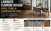 Professional laminate flooring review showing a modern home interior with laminate flooring, plus a comparison of laminate, vinyl, and hardwood flooring with their pros and cons.