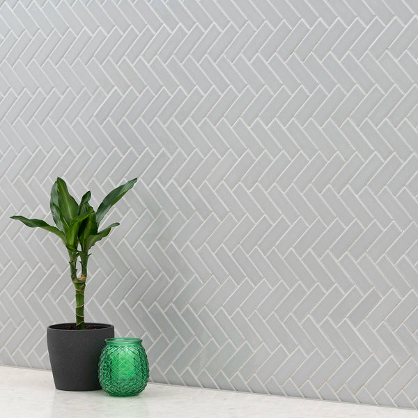 Domino Lume Grey Herringbone 14 in. x 14 in. Glossy Porcelain Mosaic Floor and Wall Tile