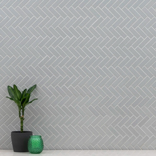 Domino Lume Grey Herringbone 14 in. x 14 in. Glossy Porcelain Mosaic Floor and Wall Tile