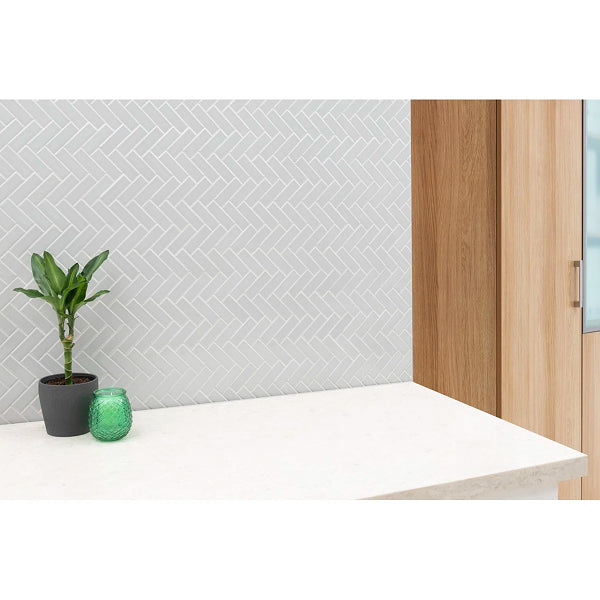 Domino Lume Grey Herringbone 14 in. x 14 in. Glossy Porcelain Mosaic Floor and Wall Tile