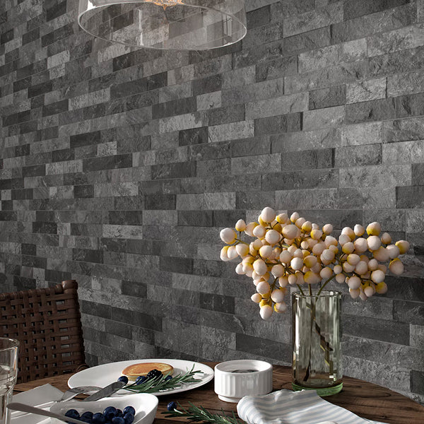 Merola Tile Ordino Black Porcelain Wall Tile 3.25 inch x 17.5 inch – 9.6 sq. ft. per Case Textured Stone Look Finish