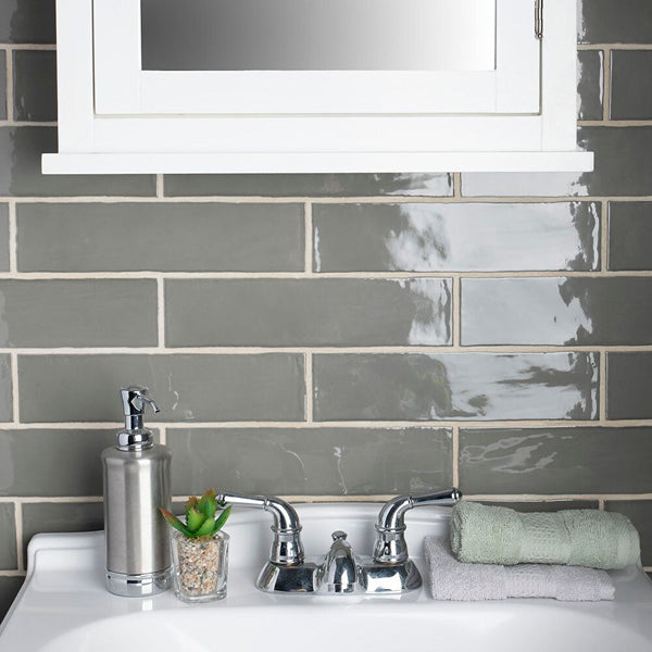 Merola Tile Chester Grey Ceramic Wall Tile 0.4 inch Thick 3 inch Wide 5.72 sq ft/case Glossy Subway Finish
