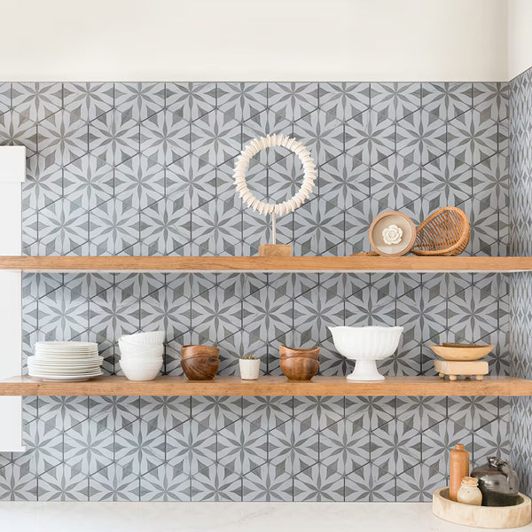 Merola Tile Llama Flower Loire Silver Smoke Porcelain Tile – 0.38 inch Thick, 8.63 inch x 9.88 inch, 11.5 sq.ft/Case – Mixed Texture Floral Finish