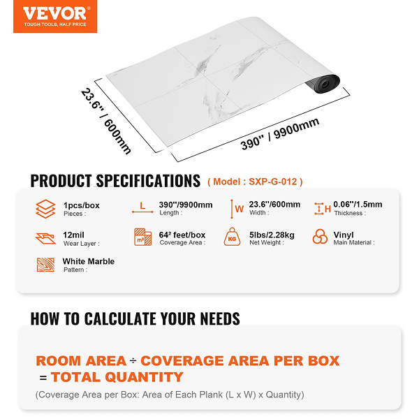 0.5'' Thick 390'' W x 23'' L Vinyl