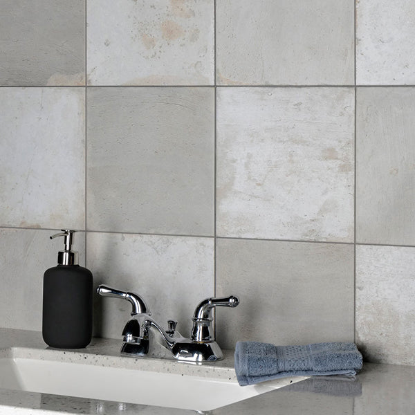 Merola Tile Kings Clay Checker Silver Ceramic Floor and Wall Tile 0.37 inch Thick 17.63 inch Wide 10.95 sq. ft. per Case – Low Sheen Vintage Finish