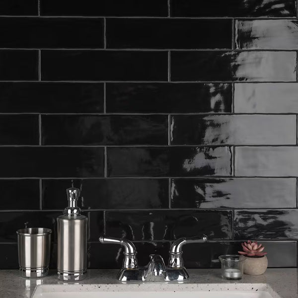 Merola Tile Chester Nero Ceramic Wall Tile 0.35 inch Thick 3 inch Wide 5.72 sq ft/case Glossy Subway Finish