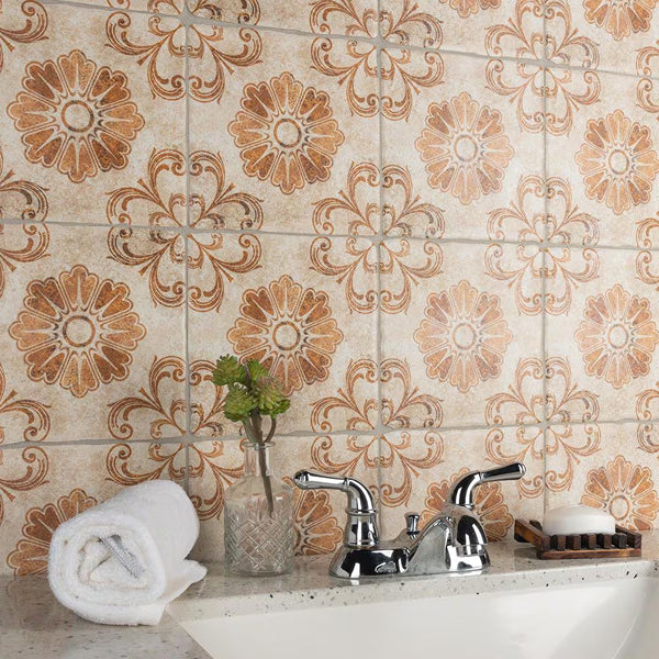 Merola Tile Costa Arena Decor Fleur 7.75 inch x 7.75 inch Ceramic Floor and Wall Tile – 11.11 sq ft per Case, Rustic Floral Stone Look Matte Finish Indoor Tile