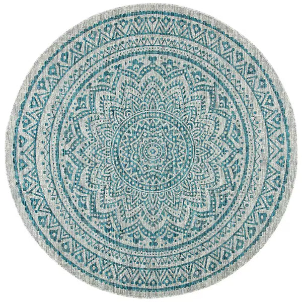 Tapis rond d'intérieur/extérieur Safavieh Courtyard Sia, gris clair/bleu sarcelle, 1,2 m x 1,2 m