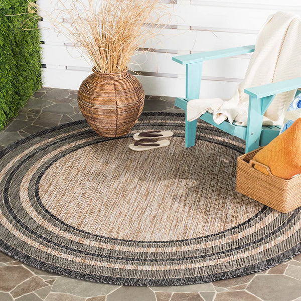 Safavieh Courtyard Jessie Natural / Black 5 ft. 3 inch x 5 ft. 3 inch Round Indoor/Outdoor Area Rug