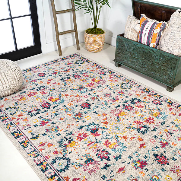 Tapis persan bohème moderne à motif floral beige/multicolore JONATHAN Y 4 pi x 6 pi