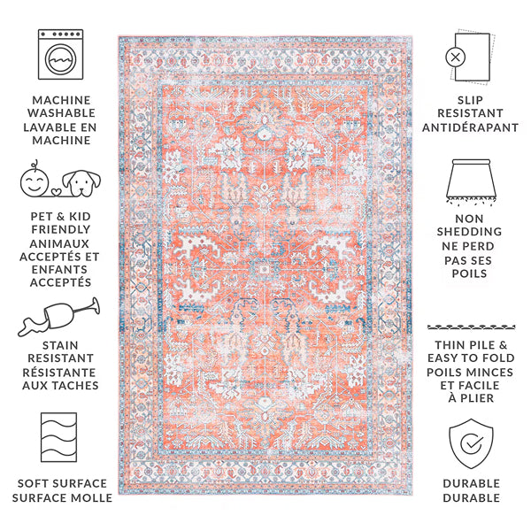 Tapis de couloir d'intérieur lavable en machine Safavieh Arizona Elton Rouille/Aqua 2 pi 6 po x 8 pi