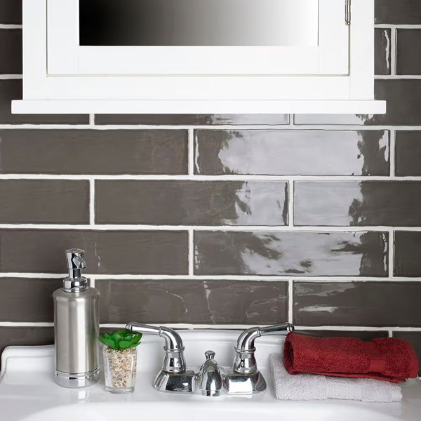 Merola Tile Chester Grafito Ceramic Wall Tile 0.38 inch Thick 3 inch Wide 5.72 sq ft/case Glossy Subway Finish