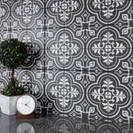 Load image into Gallery viewer, Merola Tile Harmonia Vintage Black 13 inch x 13 inch Ceramic Floor and Wall Tile – 12.19 sq. ft. per Case, Glazed Encaustic-Inspired Matte Finish