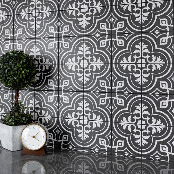Merola Tile Harmonia Vintage Black 13 inch x 13 inch Ceramic Floor and Wall Tile – 12.19 sq. ft. per Case, Glazed Encaustic-Inspired Matte Finish