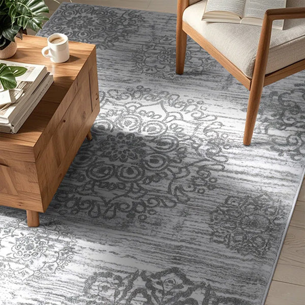 Polyester Machine Washable Oriental Light Grey Area Rug