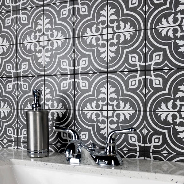 Merola Tile Harmonia Vintage Black 13 inch x 13 inch Ceramic Floor and Wall Tile – 12.19 sq. ft. per Case, Glazed Encaustic-Inspired Matte Finish
