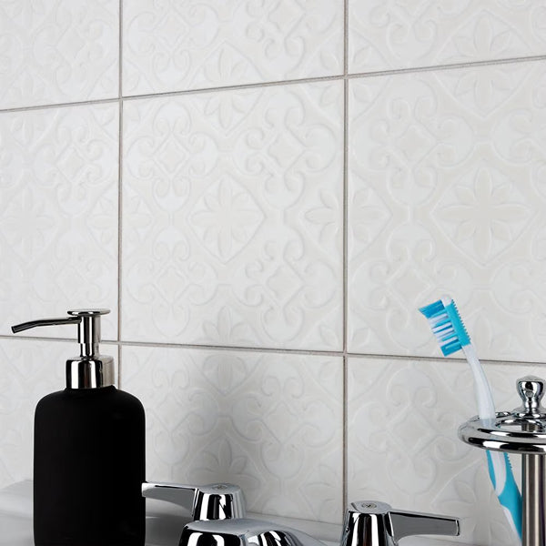 Merola Tile Triplex Valverde White 7-3/4 inch x 7-3/4 inch Ceramic Wall Tile (11.11 sq. ft./Case) – Textured Semi-Gloss Finish