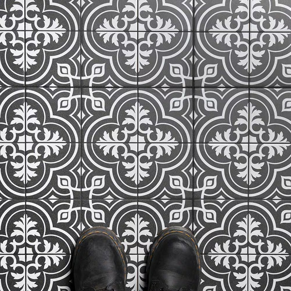 Merola Tile Harmonia Vintage Black 13 inch x 13 inch Ceramic Floor and Wall Tile – 12.19 sq. ft. per Case, Glazed Encaustic-Inspired Matte Finish