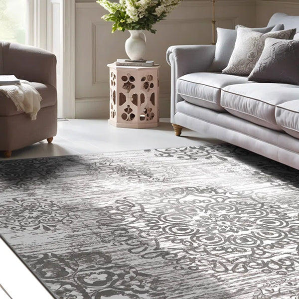 Polyester Machine Washable Oriental Light Grey Area Rug