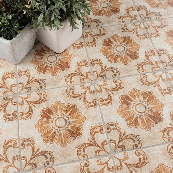 Merola Tile Costa Arena Decor Fleur 7.75 inch x 7.75 inch Ceramic Floor and Wall Tile – 11.11 sq ft per Case, Rustic Floral Stone Look Matte Finish Indoor Tile