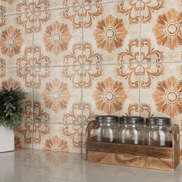 Merola Tile Costa Arena Decor Fleur 7.75 inch x 7.75 inch Ceramic Floor and Wall Tile – 11.11 sq ft per Case, Rustic Floral Stone Look Matte Finish Indoor Tile