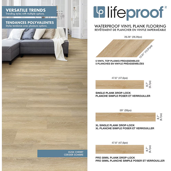 Revêtement de sol en vinyle imperméable de luxe Lifeproof Dusk Cherry 7 mm x 8,7 po l x 47,6 po L 30 mil Click Lock (20,06 pi²/boîte)
