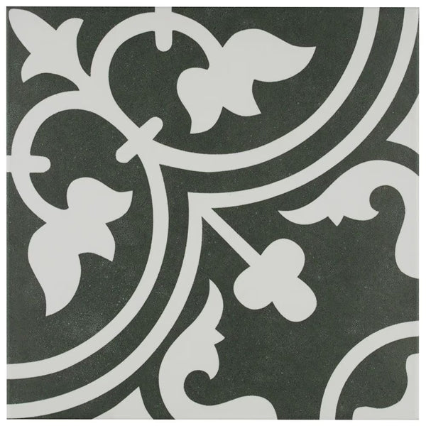 Merola Tile Arte Black Porcelain Floor and Wall Tile 9.75 inch x 9.75 inch 10.88 sq. ft./Case Satin Encaustic Look Square Tile