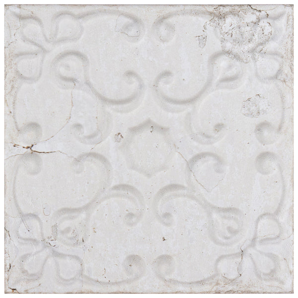 Merola Tile Aevum Ornato White 7.88 inch x 7.88 inch Ceramic Wall Tile – 9.24 sq ft per Case, Textured Cement Look Decorative Wall Tile
