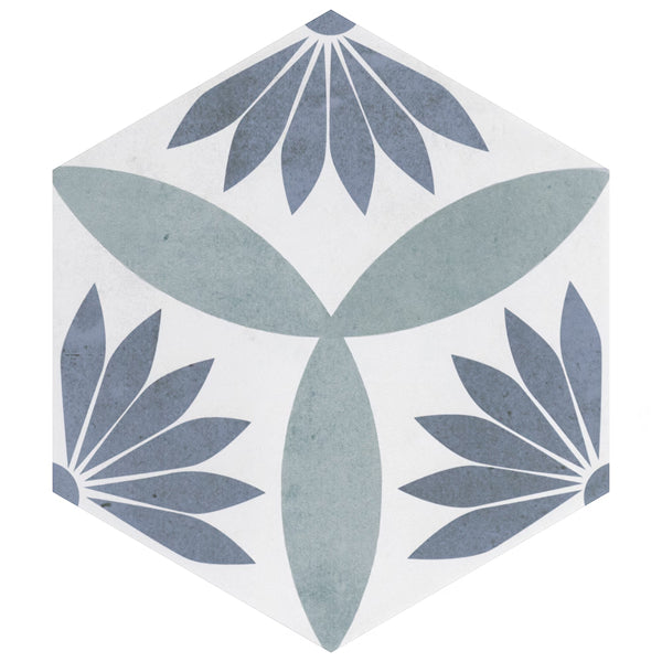 Merola Coco Hex Camellia Blue Porcelain Tile 0.35 inch Thick 7 inch x 8 inch 7.5 sq. ft./case Matte Hexagon Design