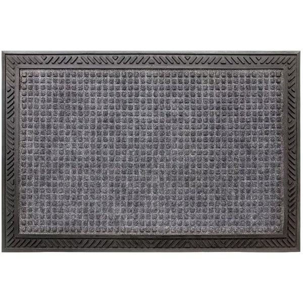 StepGuard 24 inch x 35 inch Grey Rectangular Polyester Doormat with Tribal Rubber Border – Non-Slip Indoor Outdoor Entrance Mat