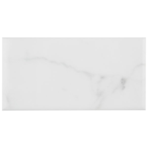 Merola Tile Classico Carrara Glossy Ceramic Subway Wall Tile 0.34 inch Thick 3 inch Wide 6.03 sq. ft. per Case – Marble Look High Sheen Finish