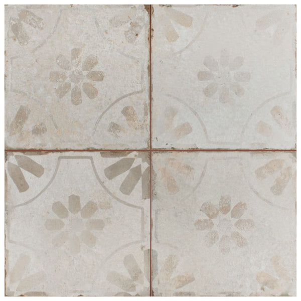 Merola Tile Kings Blume Encaustic White Ceramic Floor and Wall Tile 0.39 inch Thick 17.63 inch Wide 10.95 sq ft/case Matte Textured Finish