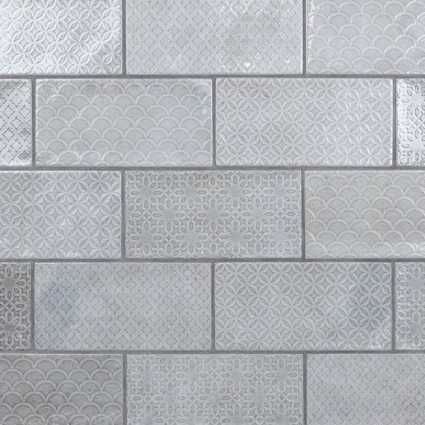 Merola Tile Camden Decor Grey 4 inch x 8 inch Ceramic Wall Tile 11.5 sq. ft./case – Glossy Patterned Subway Finish
