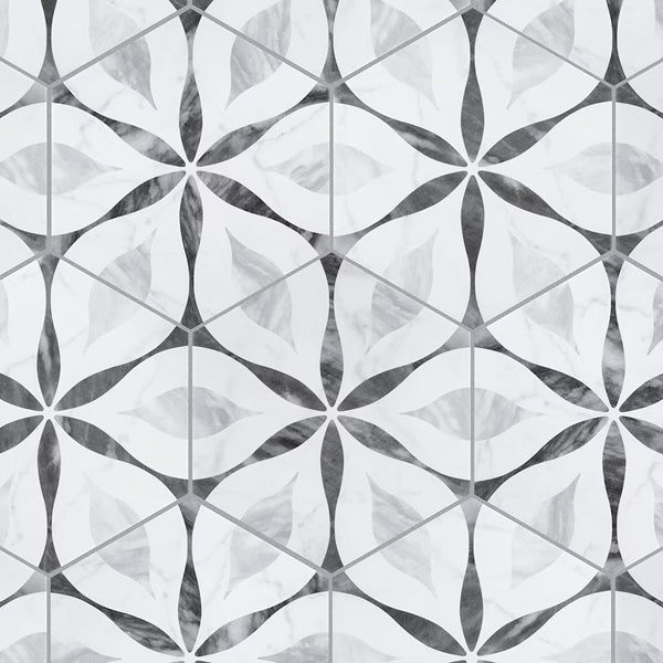 Merola Tile Classico Bardiglio Hex Flower Porcelain Tile 0.34 inch Thick x 7 inch Wide – 7.5 sq. ft. Coverage – Marble Look Hexagon Finish