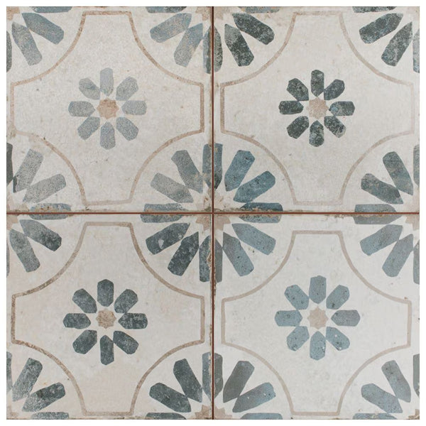 Merola Tile Kings Blume Encaustic Blue 9.63 inch x 9.63 inch Ceramic Floor and Wall Tile Sample – Vintage Patterned Matte Finish