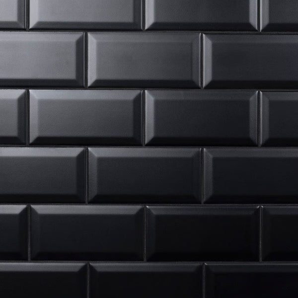 Merola Tile Crown Heights Beveled Matte Black 3 inch x 6 inch Ceramic Wall Tile – 5.72 sq. ft. per Case, Slightly Textured Matte Finish