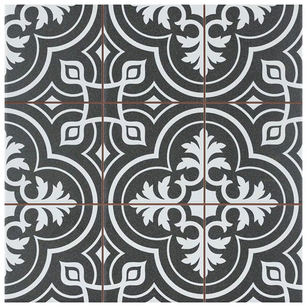 Merola Tile Harmonia Vintage Black 13 inch x 13 inch Ceramic Floor and Wall Tile – 12.19 sq. ft. per Case, Glazed Encaustic-Inspired Matte Finish