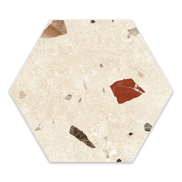 Modamo Barreta Terrazzo Matte Beige Hexagon Porcelain Floor & Wall Tile 0.39 inch Thick x 8.5 inch Wide – 11.19 sq. ft./Case, Matte Finish