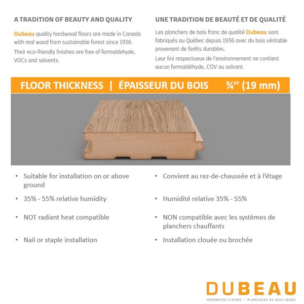 Plancher en érable massif Raphia mat de Dubeau Floors, 1,9 cm (¾ po) d'épaisseur x 8,9 cm (3¼ po) de largeur x longueur variable (20 pi²/caisse)