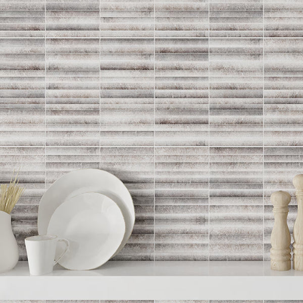 Merola Tile Rubik Greige Ceramic Wall Tile 0.35 inch Thick 5.88 inch Wide 10.78 sq. ft. per Case – Glossy Fluted Finish