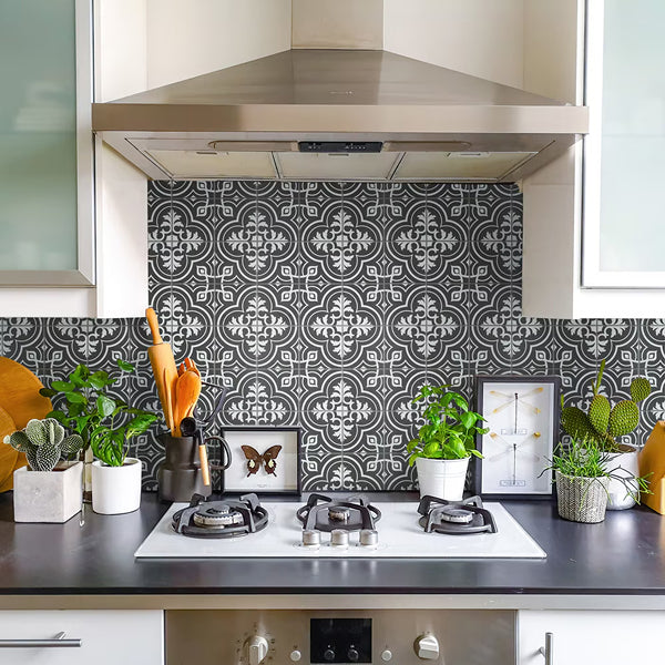 Merola Tile Harmonia Vintage Black 13 inch x 13 inch Ceramic Floor and Wall Tile – 12.19 sq. ft. per Case, Glazed Encaustic-Inspired Matte Finish