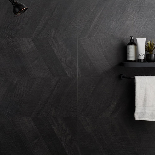 Ivy Hill Tile Montgomery Chevron Black Porcelain Tile – 0.39 inch Thick, 24 inch x 48 inch, 15.49 sq.ft/Case – Matte Finish
