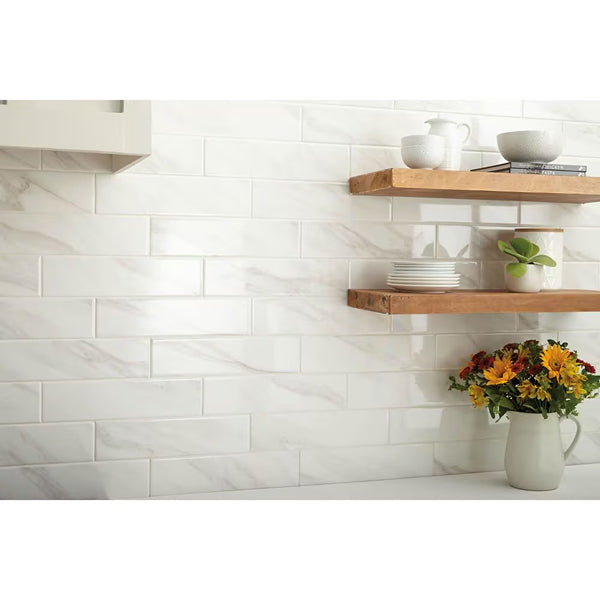 Daltile Selwyn Bianco Calacatta Glossy Glazed Ceramic Wall Tile 4 inch x 16 inch 0.38 inch Thick 13.2 sq ft/case