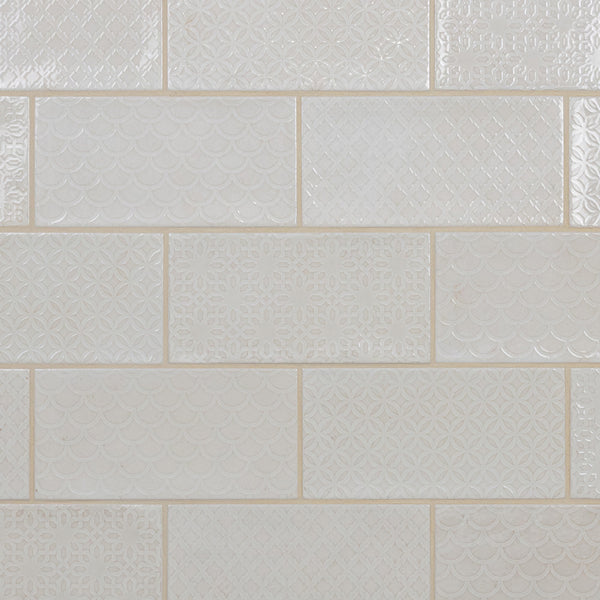 Merola Tile Camden Decor Antique Bianco Ceramic Wall Tile 4 inch Width 8 inch Length 11.5 sq ft/case Glossy Subway Pattern Finish