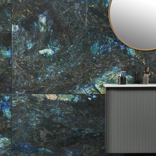 Ivy Hill Tile Jume Onyx Labradorite Blue Porcelain Tile – 0.39 inch Thick, 24 inch x 48 inch, 15.49 sq.ft/Case – Polished Onyx Look Finish