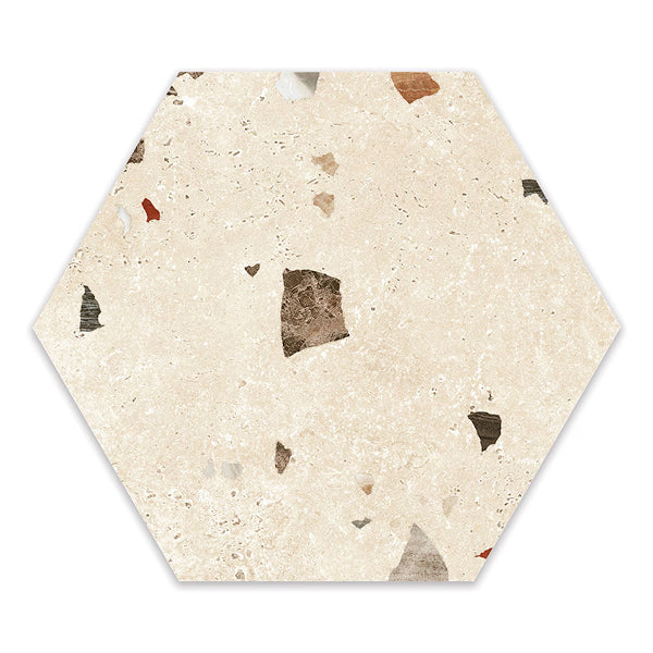 Modamo Barreta Terrazzo Matte Beige Hexagon Porcelain Floor & Wall Tile 0.39 inch Thick x 8.5 inch Wide – 11.19 sq. ft./Case, Matte Finish